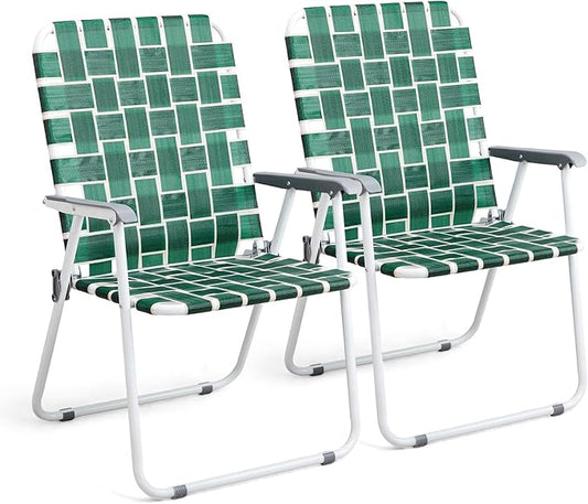 VINGLI Patio Lawn Webbed Folding Chairs Outdoor Beach Portable Camping Chair for Yard, Garden (2, Dark Green, Oversized)