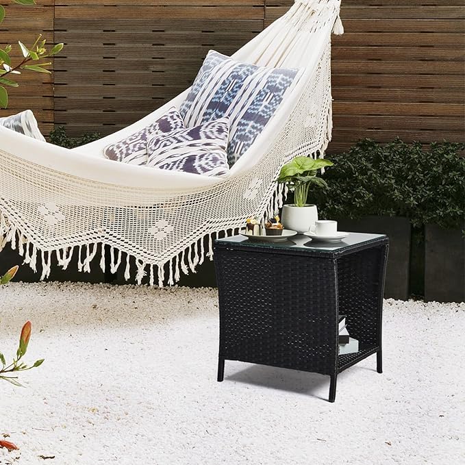 Wicker Rattan Side Table, Outdoor Square Rattan Coffee End Table with Tempered Glass Top and Storage for Patio Porch Lawn (Black)