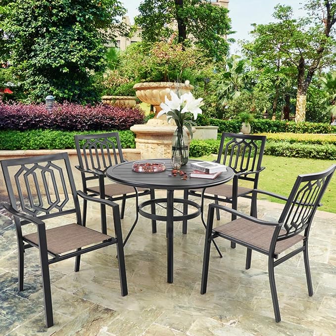 PHI VILLA 38 Inch Outdoor Round Dining Table, Metal Wrought Iron Slat Patio Table with 1.87" Umbrella Hole for Garden, Backyard and Porch (Black)