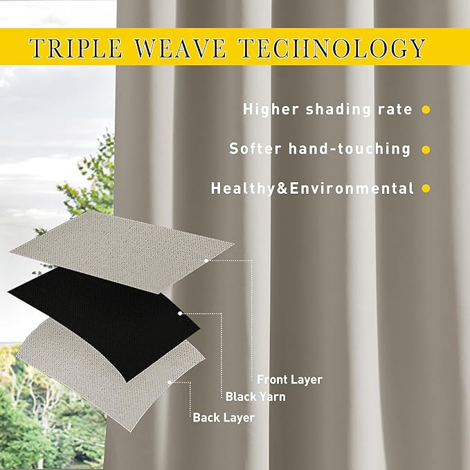 NICETOWN 2 Panels Weighted Outdoor Curtains for Patio Waterproof, Thermal Insulated Grommet & Back Tab on Top & Bottom Windproof Sun Blocking Draperies for Gazebo with Rope, Natural, W66 x L84