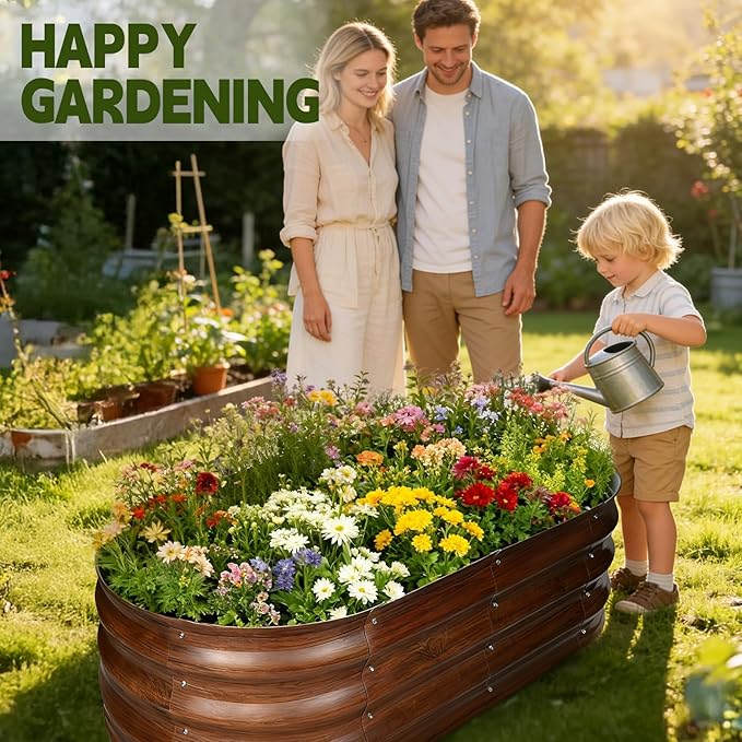 Galvanized Raised Garden Bed Outdoor, Large Raised Bed for Gardening, 4x2x1ft Oval Metal Planter Box for Vegetables, Fruits, Flowers, Dark Brown Wood Grain