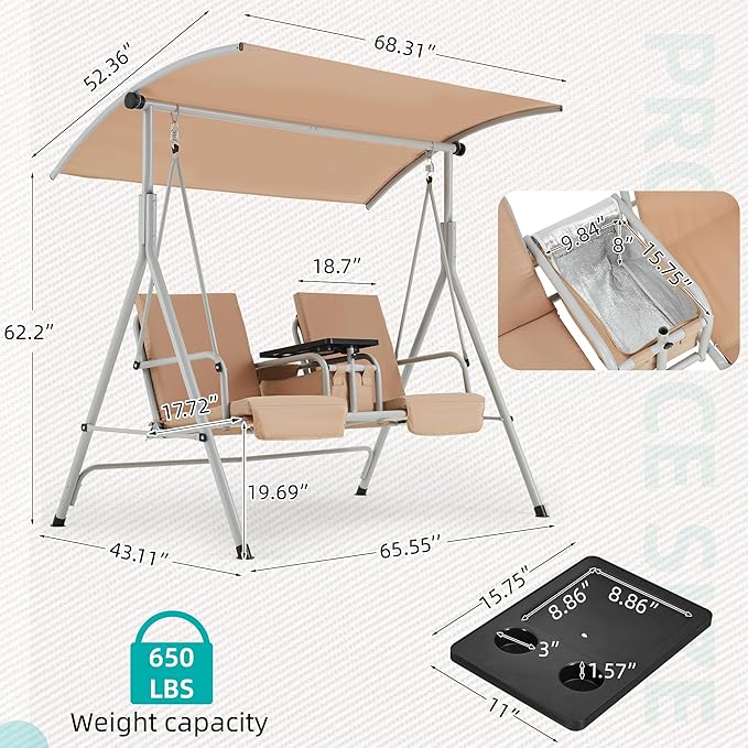HOMREST 2 Seat Outdoor Porch Swing,Patio Swing with Adjustable Canopy,Heavy Duty 650 LBS Outdoor Swing with Pivot Storage Table & 2 Cup Holders & Cushions for Yard, Lawn, Backyard, (Beige)