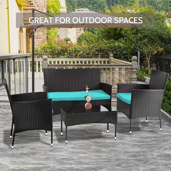 FDW Rattan Furniture Wicker Chair Patio Bristo Set for Outdoor Indoor Use with Loveseats Coffee Table,Blue Cushion, 4-Pieces