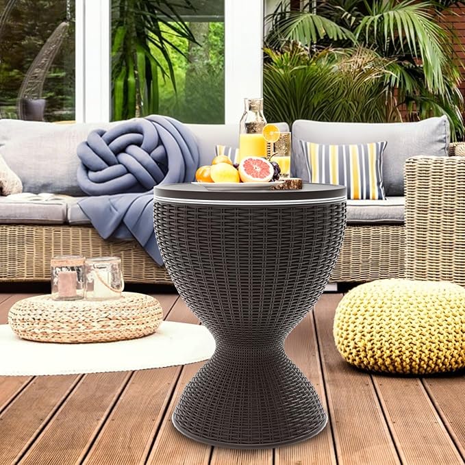 SHAREWIN Patio Cool Bar Table, Height-Adjustable Outdoor Bar Tables 8 Gallon Beer and Wine Cooler, 3-in-1 Rattan Style Ice Cooler with Drainage Plug for Pool Party (Grey)