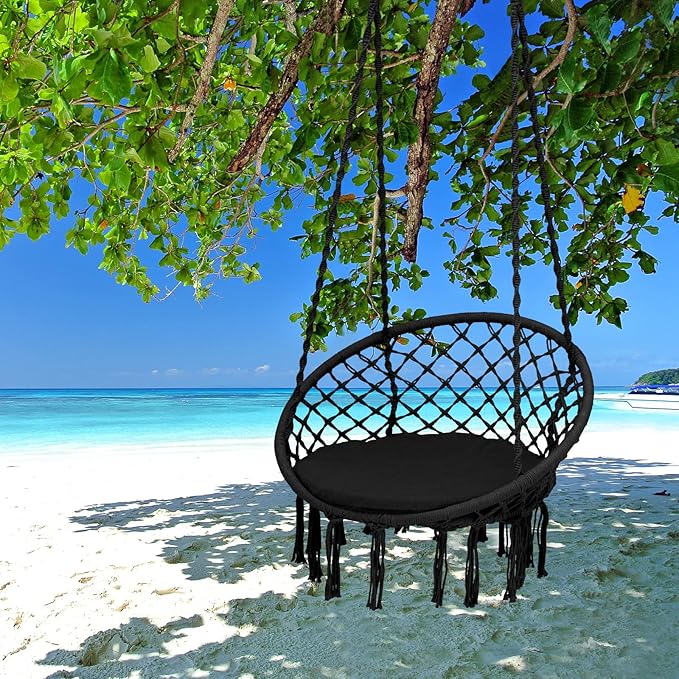 Giantex Hammock Chair Macrame Swing - Hanging Chair with Cushion and Hardware Kit, 330 LBS Weight Capacity, Indoor Swing for Hammock Stand, Patio, Balcony, Living Room Hammock Swing (Black)