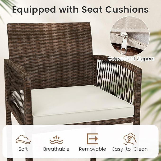 Tangkula Patio Bar Stools Set of 4, PE Rattan Bar Height Chairs with Backrests, Armrests, Footrests & Soft Cushions, Outdoor High Top Barstools with Metal Frames for Backyard (4 Pack)