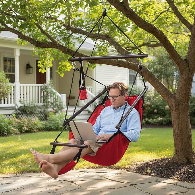 ONCLOUD Hammock Chair Hanging Swing Seat Air Deluxe Rope Through Beech Wood Bars, Drink Holder & Fuller Pillow Safer Relax for Indoor Outdoor 250Lbs, Red
