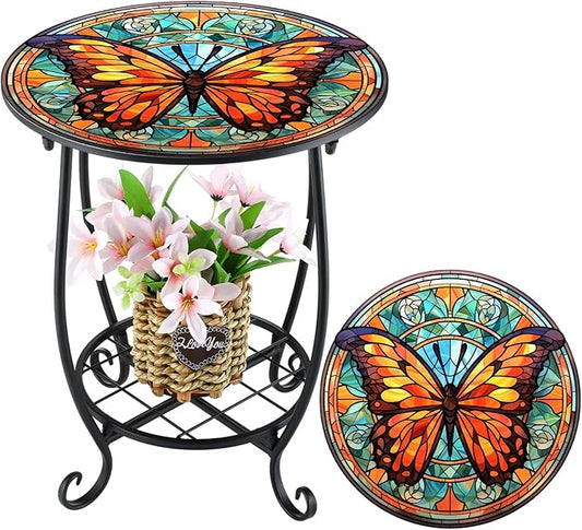 Outdoor Side Table Round Small Mosaic Patio Accent Indoor End Plant Coffee Tea Table for Yard Patio Porch Garden Living Room, Bedroom(Butterfly B Style,14 Inch)