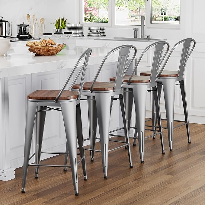 Yongqiang 30 inch Bar Stools Set of 4 Modern Farmhouse Bar Height Stools Kitchen Island Bar Chairs Metal Barstools with Wooden Seat, High Back Silver