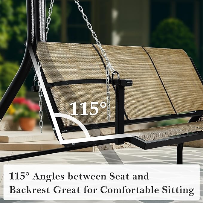 Textilene 3 Seat Hanging Swing, 5.2FT Patio Bench Swing, 660lbs Heavy Duty Outdoor Porch Swing with Hanging Chains for Courtyard, Garden, Tree, Yard