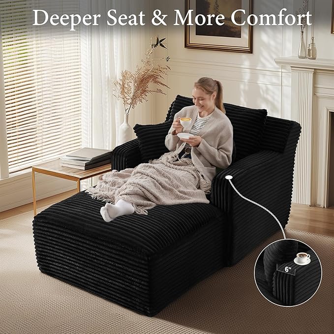 65.4" Chaise Lounge Chair Indoor, Oversized Boneless Chaise Lounge Comfy Sleeper Sofa Bed with 3 Pillows, Corduroy Cloud Reading Chair for Living Room No Assembly Required