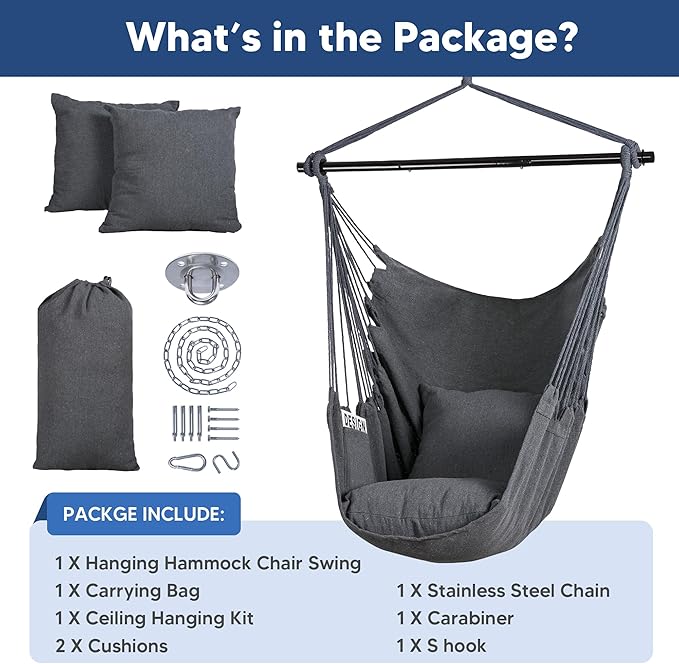 SUNCREAT Hammock Chair Swing with Steel Support Bar, Side Pocket, Large Hanging Chair Outdoor, Max 450lbs Capacity, Dark Gray