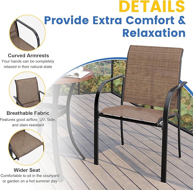VICLLAX 5 Pieces Patio Dining Set, Outdoor Furniture Set Includes 1 Square Outdoor Table and 4 Stackable Patio Sling Chairs, Black Tabletop and Brown Fabric