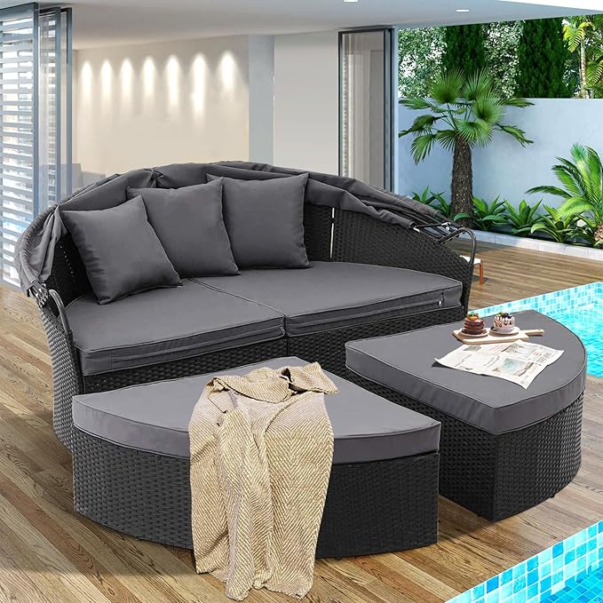 Outdoor Patio Furniture Canopy Daybed Round Sofas, 4 Pieces Seating Separates Cushioned Seats, Black Wicker, Lawn Poolside Garden, Grey