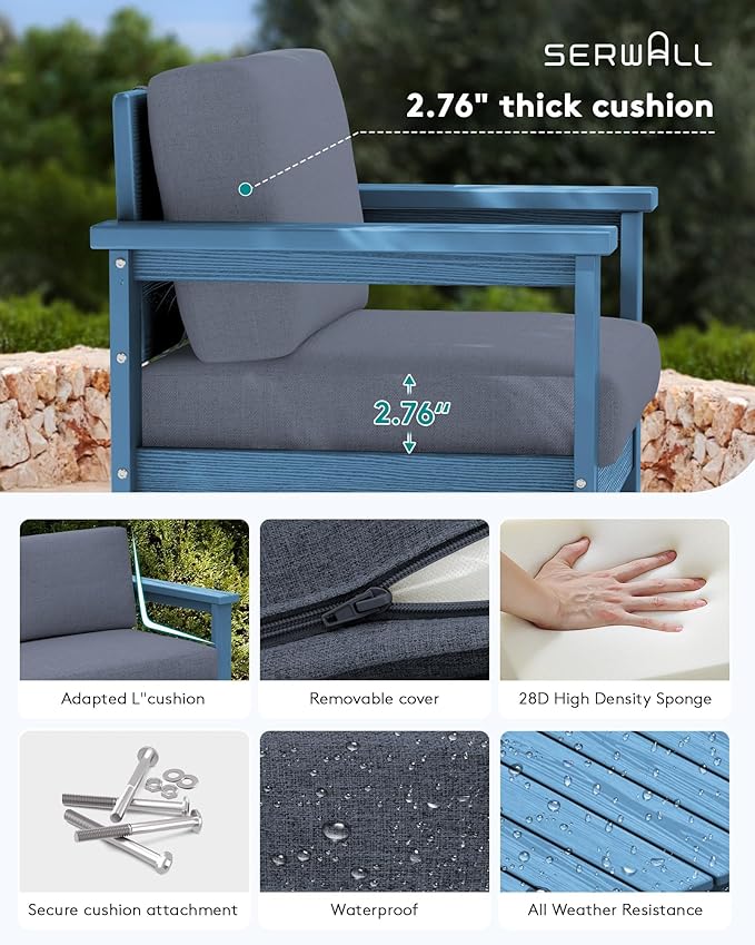 SERWALL Blue HDPE Outdoor Loveseat with Grey Cushions