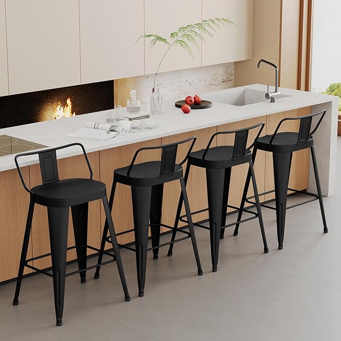 Aklaus Metal Bar Stools Set of 4 Counter Height Bar Stools for Kitchen Island Farmhouse Barstools with Removable Back 26" Indoor Outdoor Barstools, Matte Black