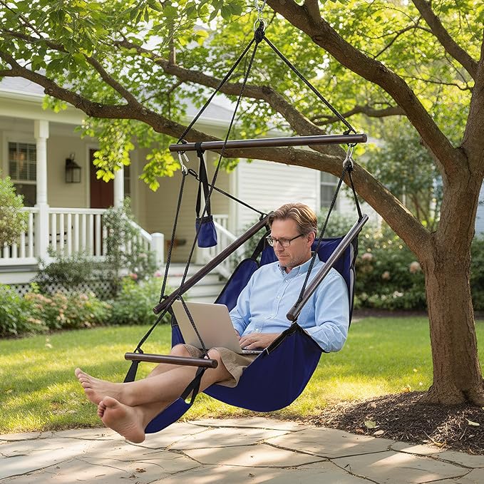 ONCLOUD Sky Chair, Deluxe Hanging Hammock Air Chair Swing Seat with Pillow, Drink Holder, Solid Wood Weather Resistant for Indoor/Outdoor Yard Garden Tree Patio Porch, 250 LBS (Navy Blue)