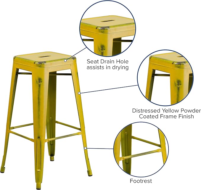 Flash Furniture Kai Commercial Grade 4 Pack 30" High Backless Distressed Yellow Metal Indoor-Outdoor Barstool