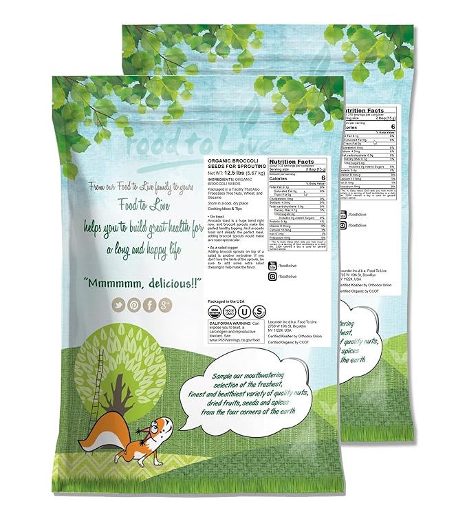 Food to Live Organic Broccoli Seeds for Sprouting, 25 Pounds – Non-GMO, Vegan, Kosher, Sirtfood, Bulk. Rich in Sulforaphane, Vitamin C. Grow Sprouts, Microgreens for Salads, and Sandwiches