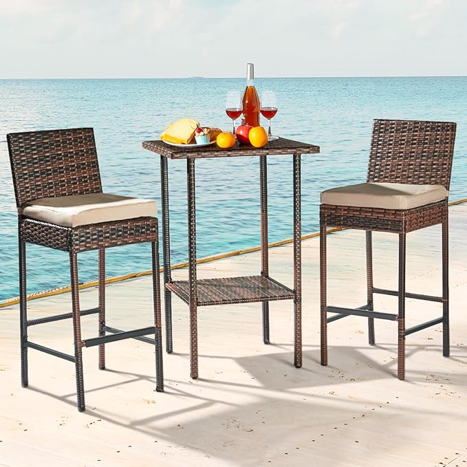 VINGLI Outdoor Wicker Bar Stool Set of 2, Patio Bar Stools w/Cushion, Bar Height Patio Chairs Outdoor Rattan Barstools for Garden Pool Lawn Backyard, Brown