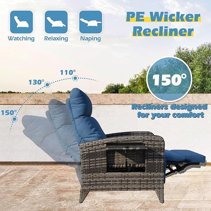 Outdoor Recliner Chairs Set of 2, Reclining Patio Chairs with Adjustable Back up to 150°Lay Flat and Extended Footrest, Wicker Recliner Chairs with Flip Table and Removable Olefin Cushion