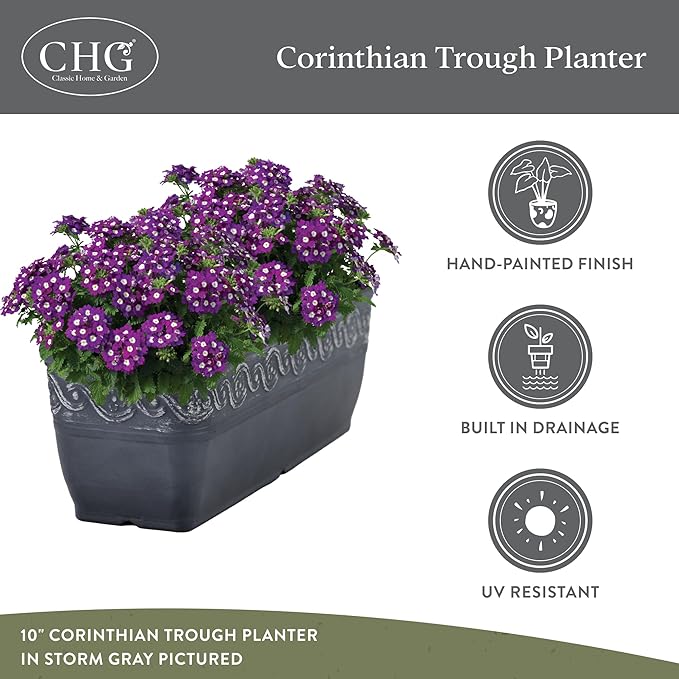 Classic Home and Garden Corinthian Trough Planter, 10", Ivory Ash