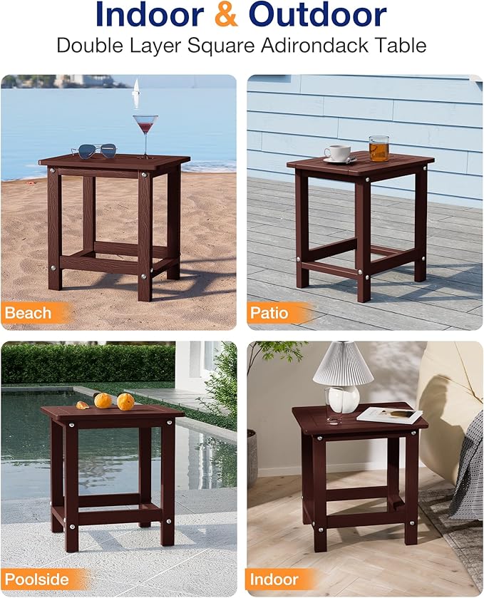YEFU Outdoor Side Table for Patio: 16" HIPS Weather - Resistant Adirondack Tables Set of 2 - Small Square End Table for Backyard Living Room Bedroom - Indoor Outdoor Durable Table Coffee