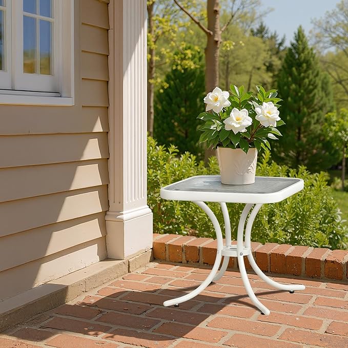 VINGLI Outdoor Side Table, 18in Patio Table Steel Frame Tempered Glass Top, Weatherproof Small Tables for Balcony Garden Poolside (White, Square)
