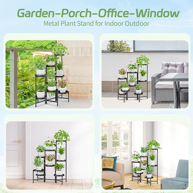 iDavosic.ly Plant Stand Indoor Outdoor, 8 Tier Corner Metal Flower Display Holder Shelf, Easy Assembly Folding Tall Orchid Rack for Patio Balcony Porch Garden Living Room House, Black
