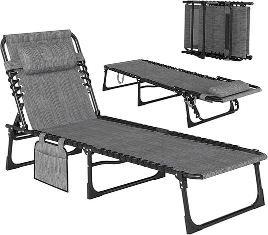 Outsunny Chaise Lounge Chair Outdoor, 5-Position Adjustable Sun Tanning Chair with Carrying Handle and Side Pocket, Folding Bed Cot with Removable Pillow for Garden, Beach, Patio, Pool, Camp, Gray