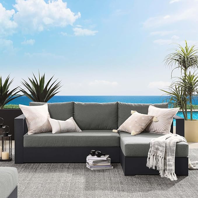Modway Tahoe Modular Aluminum 2-Piece Outdoor Patio Furniture Gray Charcoal, Right-Facing Sectional Sofa Set with Weather-Resistant Cushions, Ideal for Deck, Backyard, Poolside