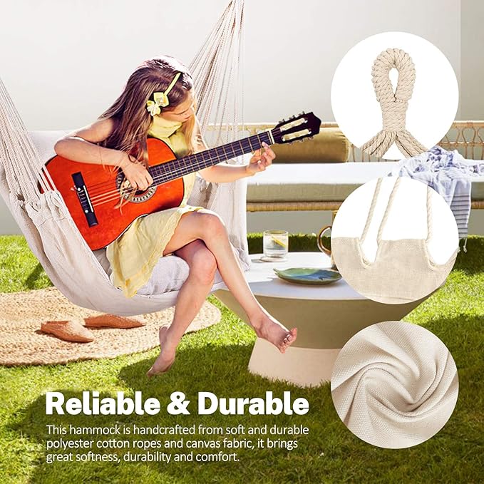 KPX Ourdoor Hanging Hammock Chair – Comfortable Tree Swing Chair Large Size 110X130cm（Without Pillows） - 330 Lbs Weight Capacity (White)