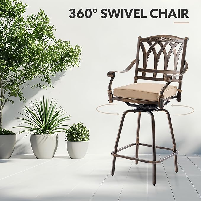 3 Piece Swivel Outdoor Table and Chairs Bar Set , All-Weather Cast Aluminum Outdoor High Top Patio Bar Set Bistro Set, High Swivel Stools with Cushions Umberlla Hole for Balcony, Poolside,Garden,Lawn