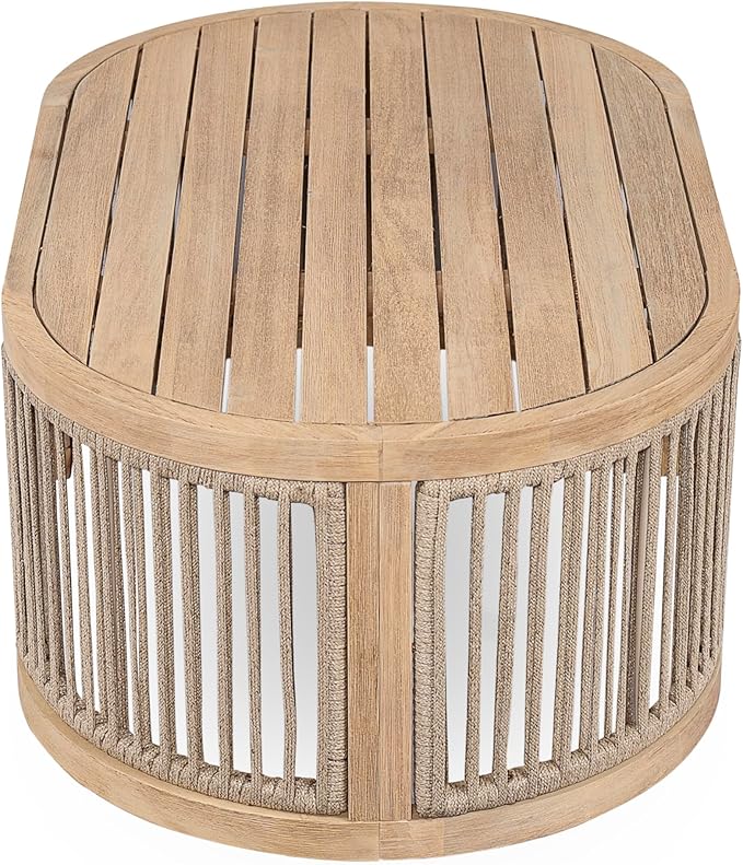Christopher Knight Home Buekaz Outdoor Acacia Wood Coffee Table with Woven Rope Accents, Outdoor Patio Slatted Oval Centerpiece, Boho Chic Garden Sofa Side Accent Table for Modern Decor, Light Teak