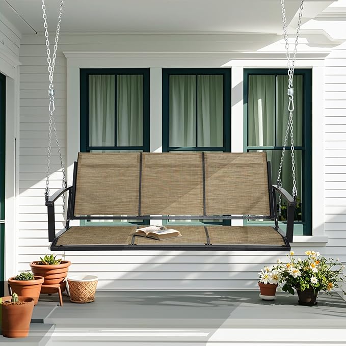 Textilene 3 Seat Hanging Swing, 5.2FT Patio Bench Swing, 660lbs Heavy Duty Outdoor Porch Swing with Hanging Chains for Courtyard, Garden, Tree, Yard