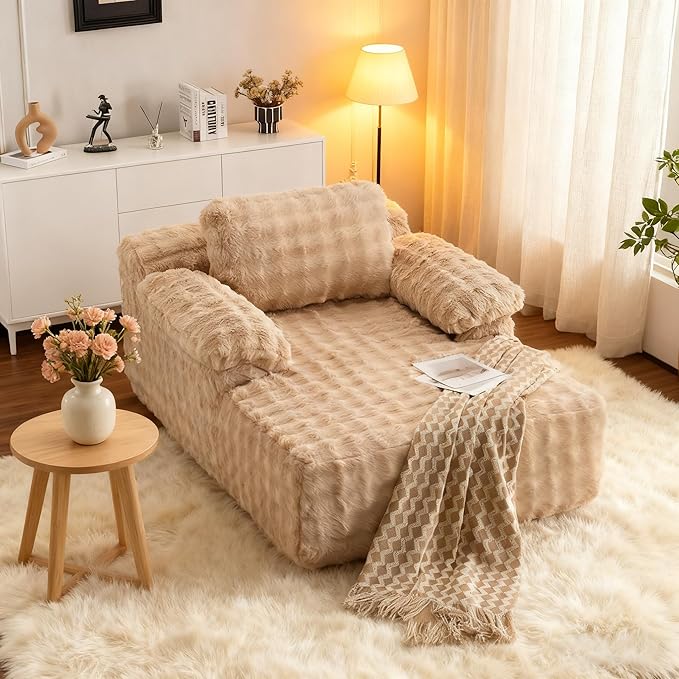 VINGLI 67.7" Oversized Chaise Lounge Chair Reading Chairs Comfy Bubble Fleece Upholstered Boneless Sofa Bed Sleeper Sofa Cloud Couches for Living Room, Bedroom, Play Room (Light Brwon)