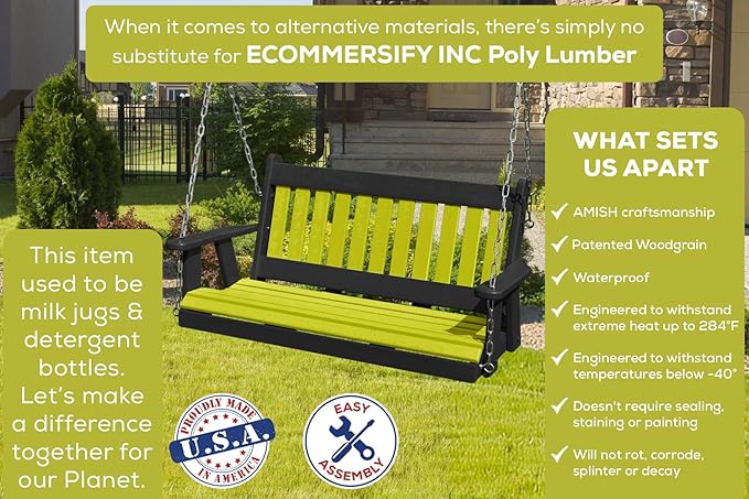 Mission Poly Lumber Wood 5FT Porch Swing Amish Craftsmandship Made in USA HDPE with No Wood fibers 1000 lbs Limit. Stainless Steel Hardware.Signature Design for Patio Outdoor Backyard Garden Park