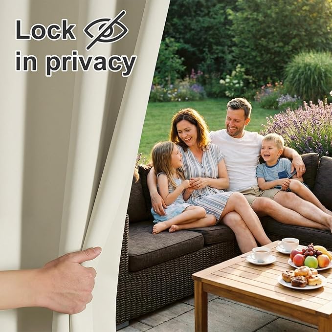 RYB HOME Outdoor Curtains for Patio Waterproof Block Sunlight Thermal Insulated Privacy Assured Thick Outside Curtains for Porch, Gazebo, Pergola, W52 x L95, Beige, 1 Panel