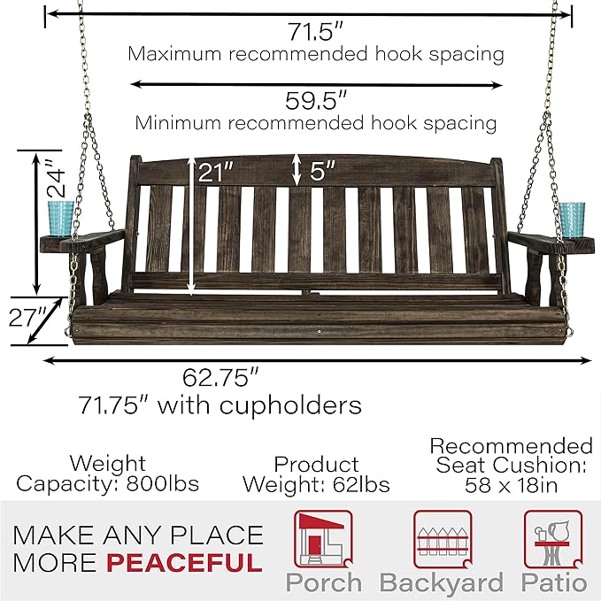 Amish Casual Heavy Duty 800 Lb Mission Treated Porch Swing with Hanging Chains and Cupholders (5 Foot, Dark Walnut Stain)