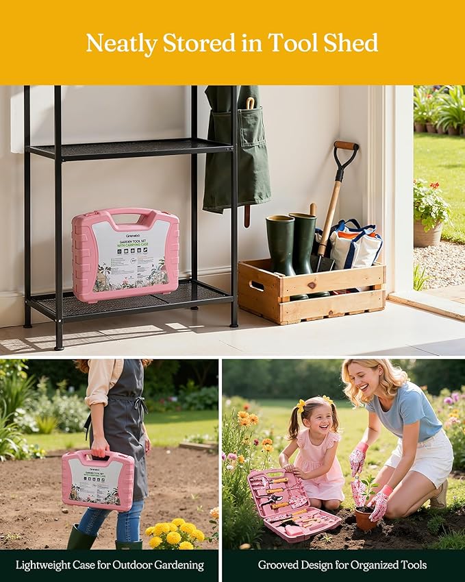 Grenebo 12-Piece Womens Gardening Tools Gift Set, Rust-Proof & Heavy-Duty Garden Tools with Durable Carrying Case, Fashionable & Thoughtful Gardening Gifts for Women&Men (Pink)