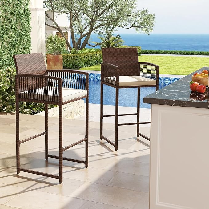 Tangkula Patio Bar Stools Set of 4, PE Rattan Bar Height Chairs with Backrests, Armrests, Footrests & Soft Cushions, Outdoor High Top Barstools with Metal Frames for Backyard (4 Pack)