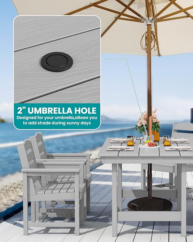 SERWALL Outdoor HDPE Dining Table Set, 7-Piece Outdoor Dining Table Sets with Umbrella Hole Cut-Out Table and 6 Chairs, Light Gray