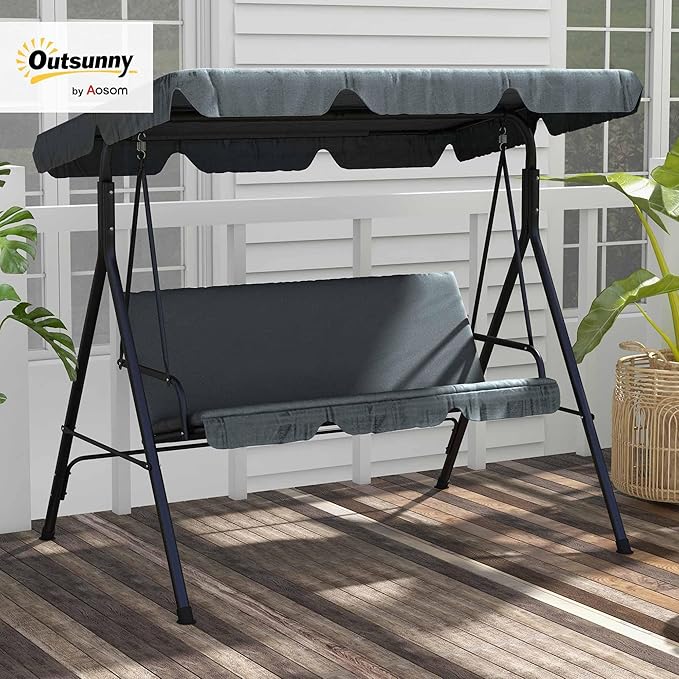 Outsunny 3-Seat Outdoor Patio Swing Chair with Removable Cushion, Steel Frame Stand and Adjustable Tilt Canopy for Patio, Garden, Poolside, Balcony, Backyard, Gray