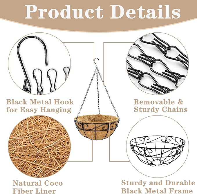 Outdoor Metal Hanging Planters Basket (4pack, 14 inch) Hanging Baskets for Plants Chain Round Wire Plant Holder with Coco Fiber Liners for Garden, Patio, Deck, Porch(Flower Border)