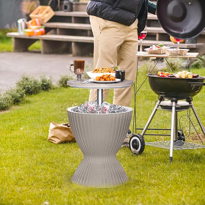 EasyUp Outdoor Cooler Bar Table – 8 Gallon Outdoor Patio Cooler Table with Drain Plug, Adjustable Height Rattan-Style Resin Cool Bar for Poolside, Deck, BBQ & Parties (Light Brown)