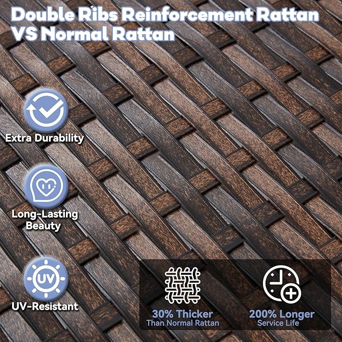 3 Seat Porch Swing, Wicker Patio Swing with Cup Holders & 3 Back Cushions, Yard Swing with Chains for Deck Garden Backyard,Brown Rattan, Blue Cushion, 56-inch