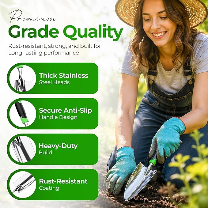 Gardening Tools Set with Bag 8 PCS – Heavy Duty Stainless Steel Garden Hand Tools Kit, Ergonomic Non-Slip Handles, Rust-Proof, Includes 15 Plant Tags – Gardening Gift for Women & Men