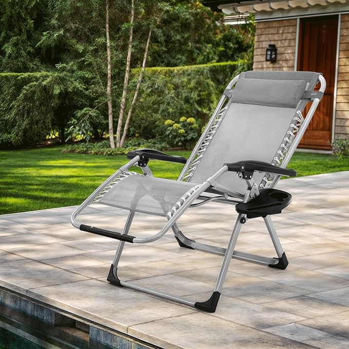 MoNiBloom Beach Chaise Lounge Chair, Patio Folding Recliner with Removable Cushion, Headrest & Tray, Portable Tanning Sunbathing Chair for Poolside Beach Porch Yard, Reinforced Bar, 330lbs Grey
