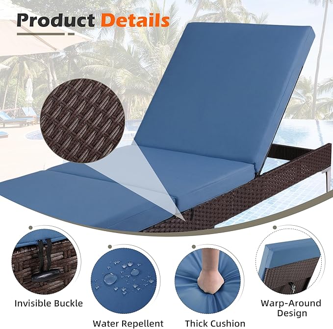 HOMREST Outdoor Chaise Lounge Chair, Patio Wicker Lounge Chair with Pneumatic Adjustable Backrest, Rattan Pool Sunbathing Recliner Suitable for Outside with Removable Cushion (Navy Blue)