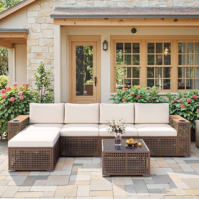 Devoko Patio Furniture Set 6 Piece Outdoor Sectional Sofa Hollow Rattan Patio Seating Sofa with Coffee Table & Ottoman for Deck, Porch, Poolside